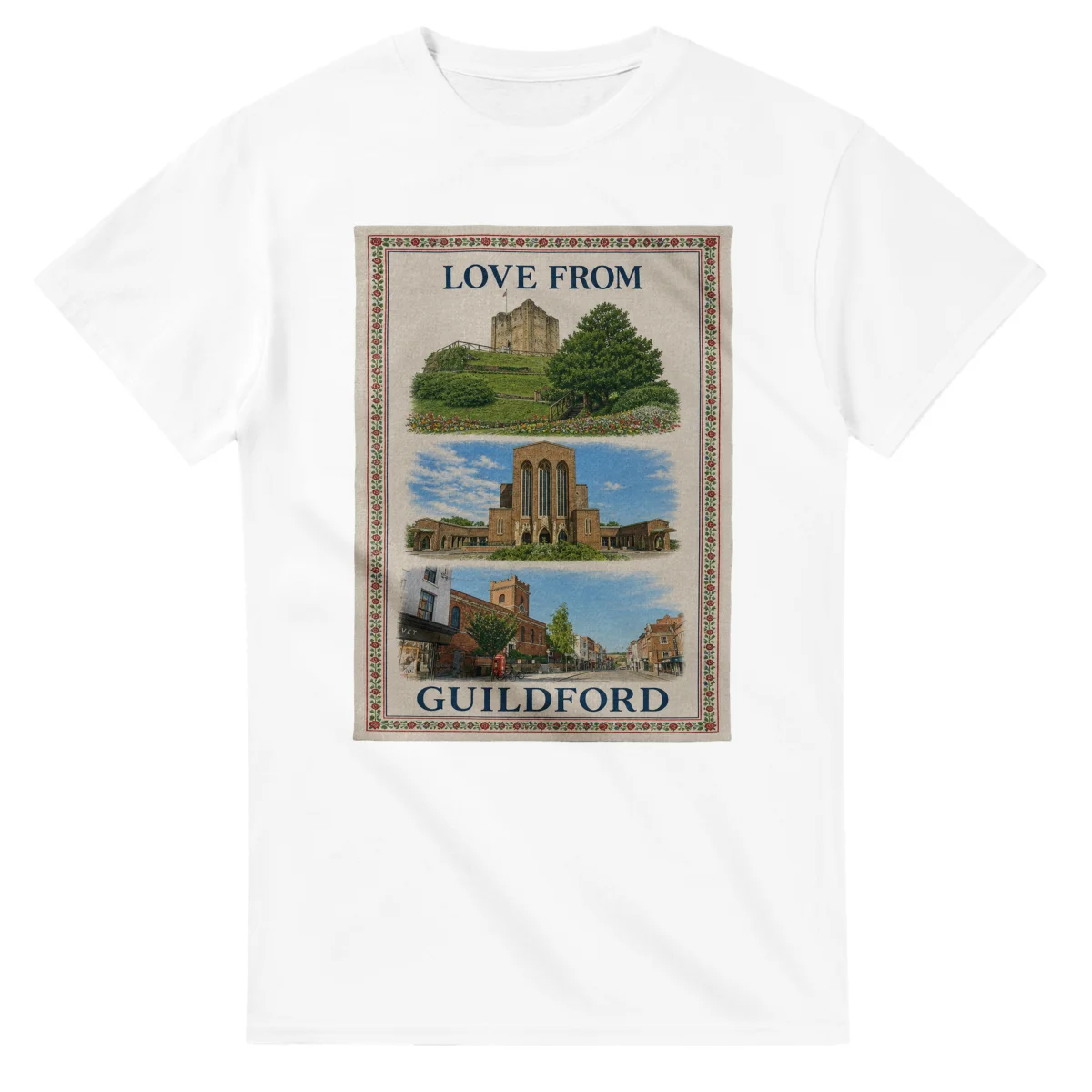 Framed scenic design for Guildford, with several local views, a decorative border and LOVE FROM lettering.