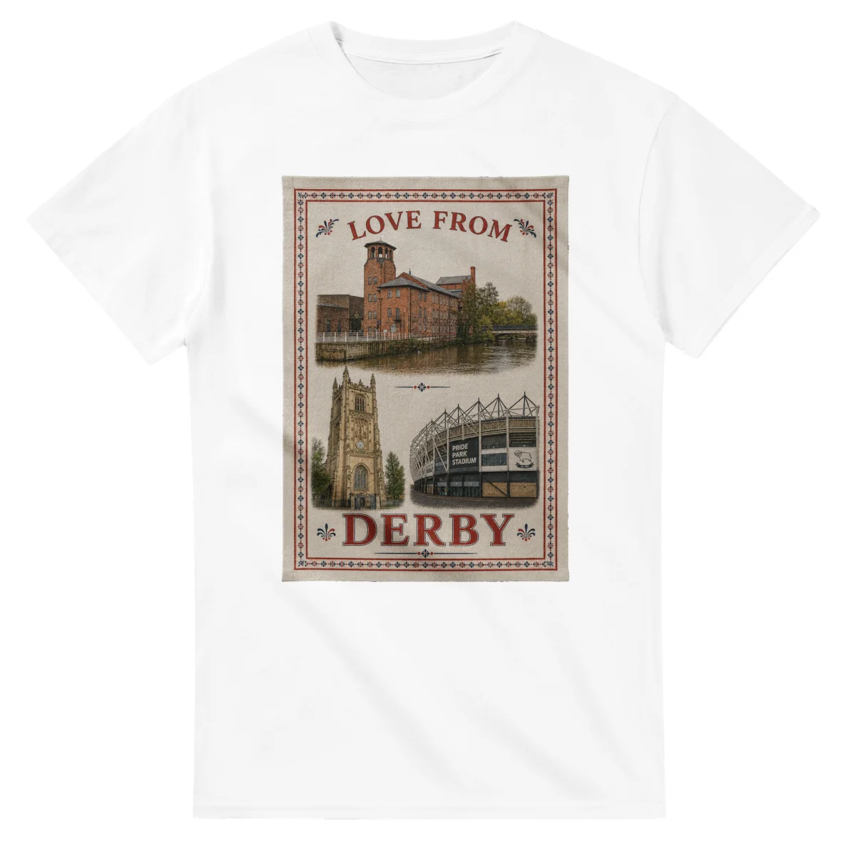 Framed scenic design for Derby, with several local views, a decorative border and LOVE FROM lettering.