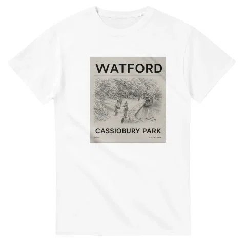 Fine-line engraving-style drawing for Watford, with a landmark caption and small coordinate text.