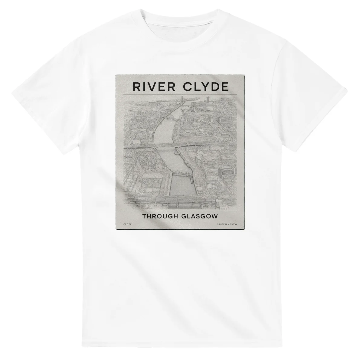 Fine-line engraving-style drawing for River Clyde, with a landmark caption and small coordinate text.