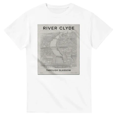 Fine-line engraving-style drawing for River Clyde, with a landmark caption and small coordinate text.