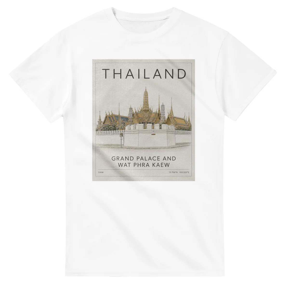Fine-line engraving-style drawing for Thailand, with a landmark caption and small coordinate text.