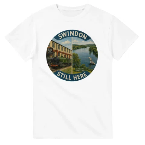 Painted, panelled scenic illustration for Swindon, with paired local scenes and the place name in lettering.
