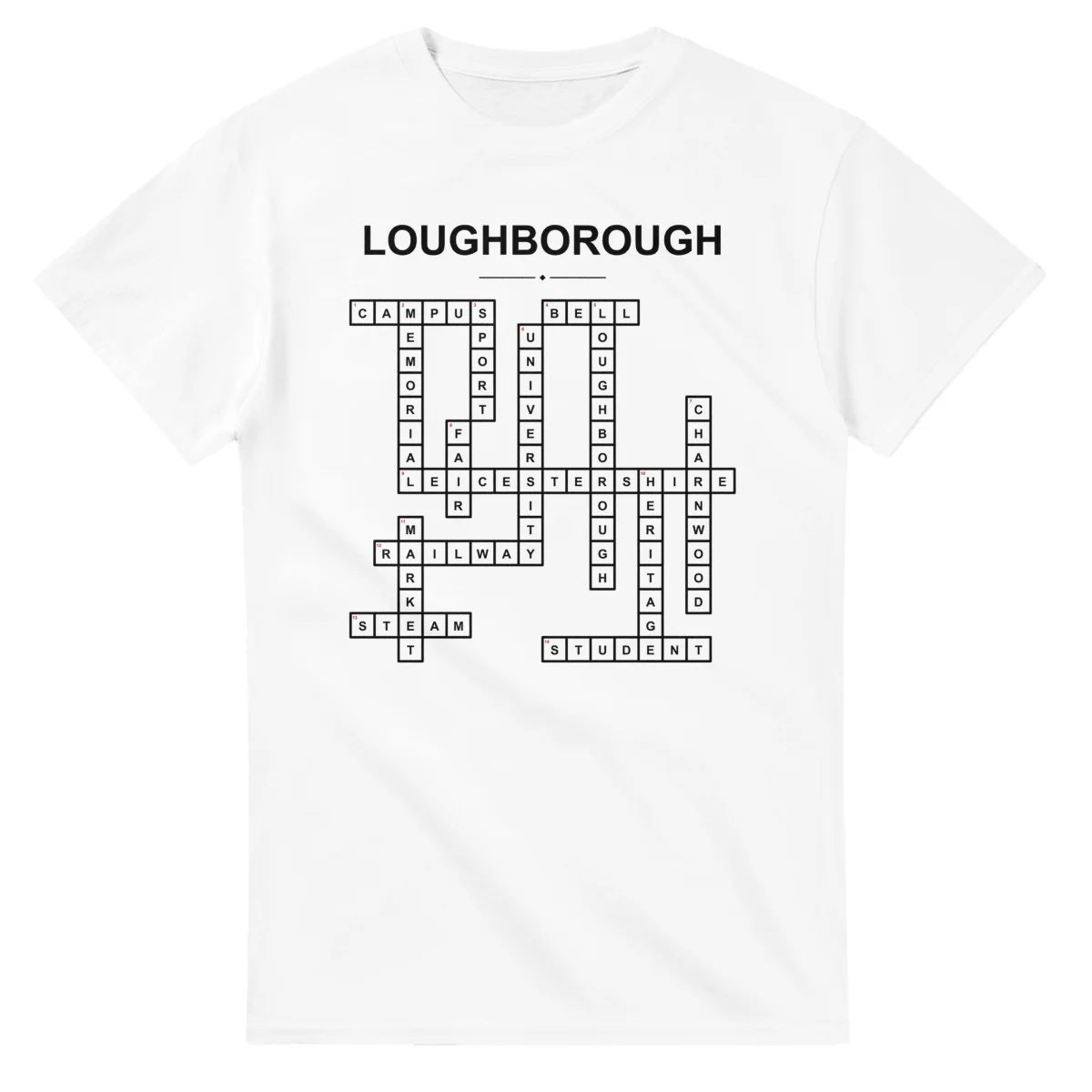 Monochrome crossword sheet for Loughborough, with a large place-name heading, a letter grid, and numbered across and down clues.