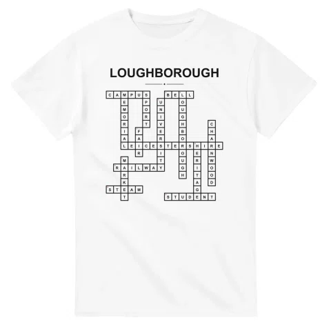 Monochrome crossword sheet for Loughborough, with a large place-name heading, a letter grid, and numbered across and down clues.