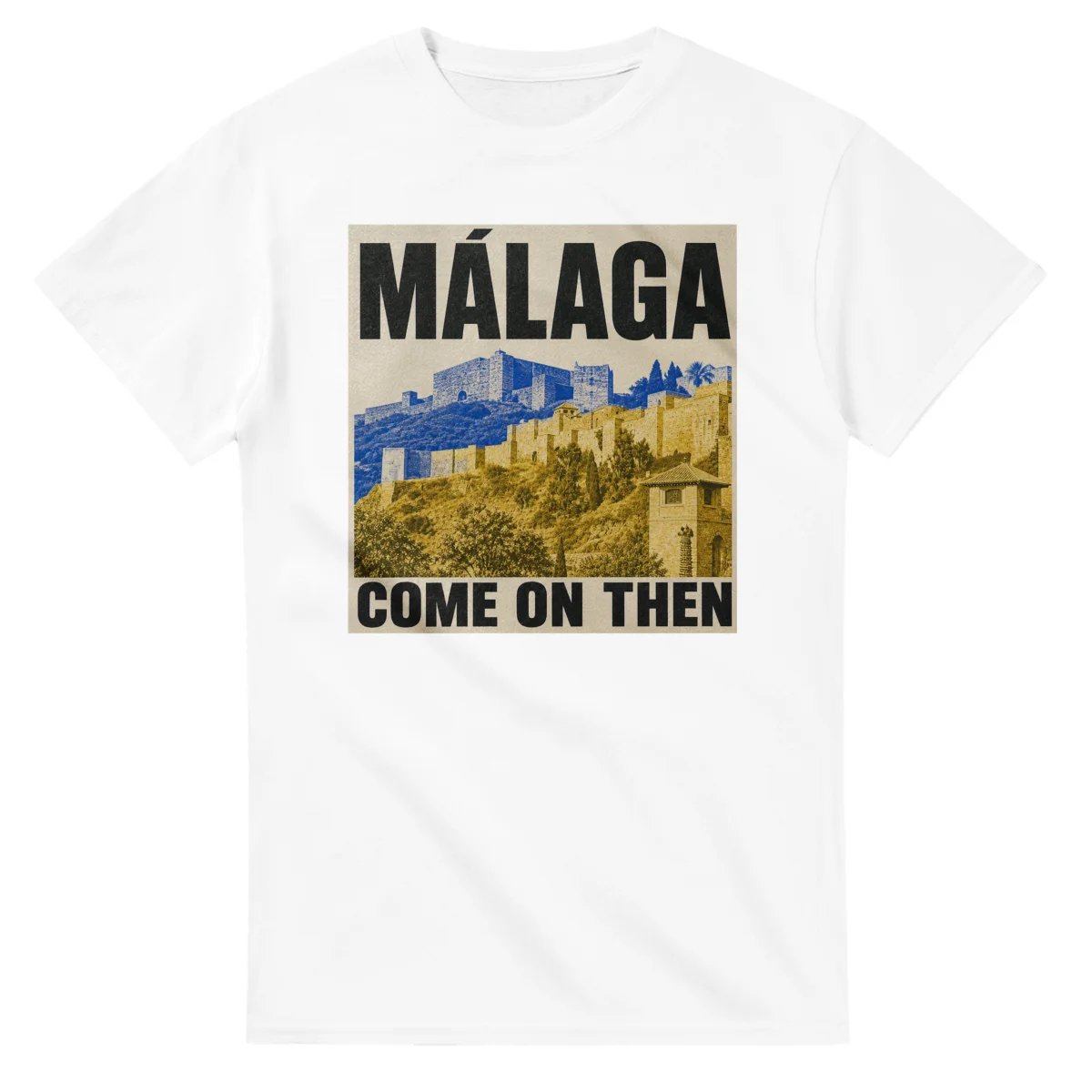 Two-colour scenic illustration for Málaga, with the place name and COME ON THEN lettering.