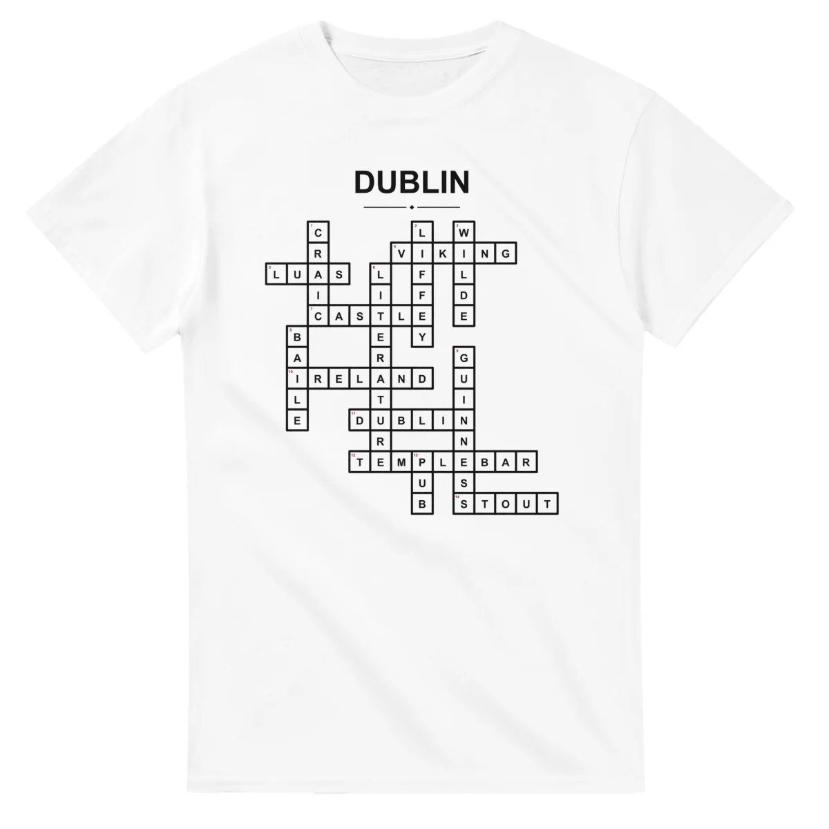 Monochrome crossword sheet for Dublin, with a large place-name heading, a letter grid, and numbered across and down clues.