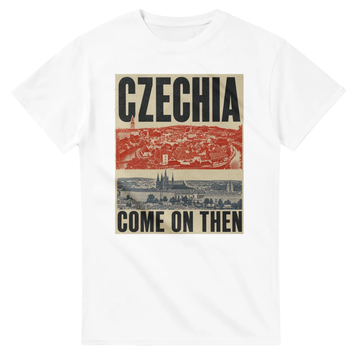 Two-colour scenic illustration for Czechia, with the place name and COME ON THEN lettering.