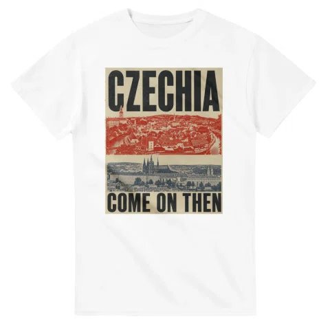 Two-colour scenic illustration for Czechia, with the place name and COME ON THEN lettering.