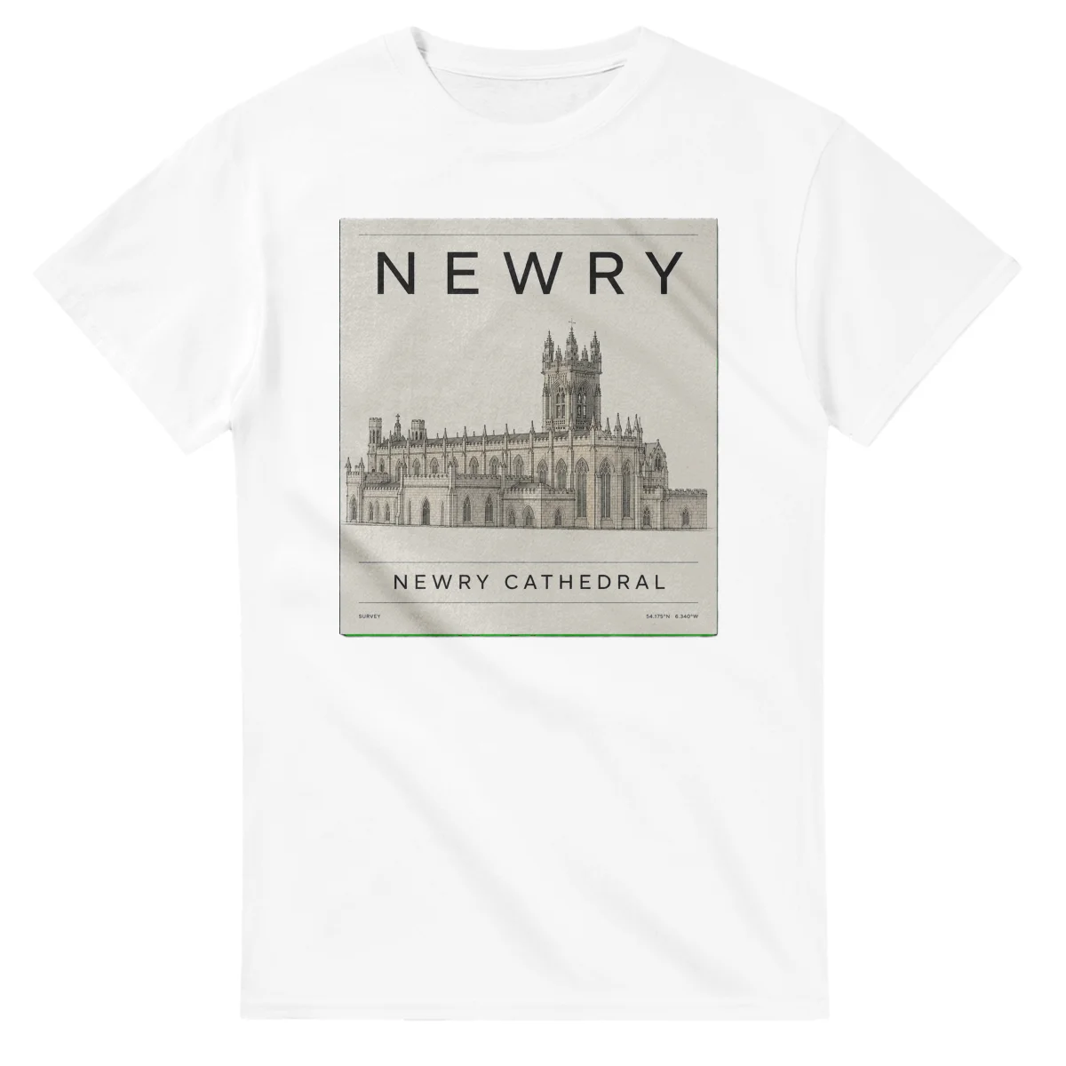 Fine-line engraving-style drawing for Newry, with a landmark caption and small coordinate text.