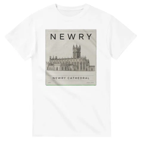 Fine-line engraving-style drawing for Newry, with a landmark caption and small coordinate text.