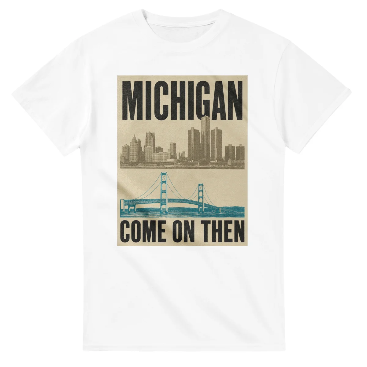 Two-colour scenic illustration for Michigan, with the place name and COME ON THEN lettering.