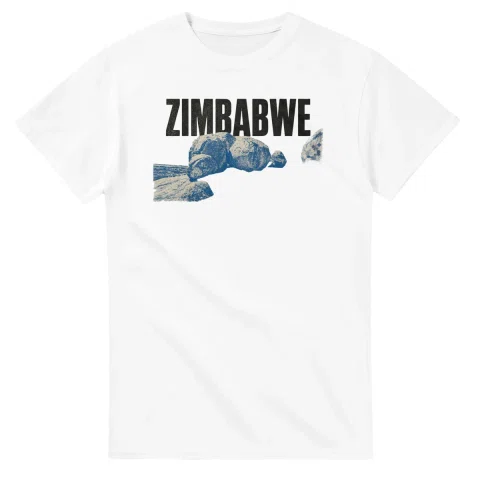 Two-colour scenic illustration for Zimbabwe, with the place name and COME ON THEN lettering.