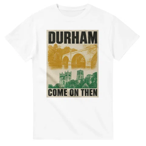 Two-colour scenic illustration for Durham, with the place name and COME ON THEN lettering.