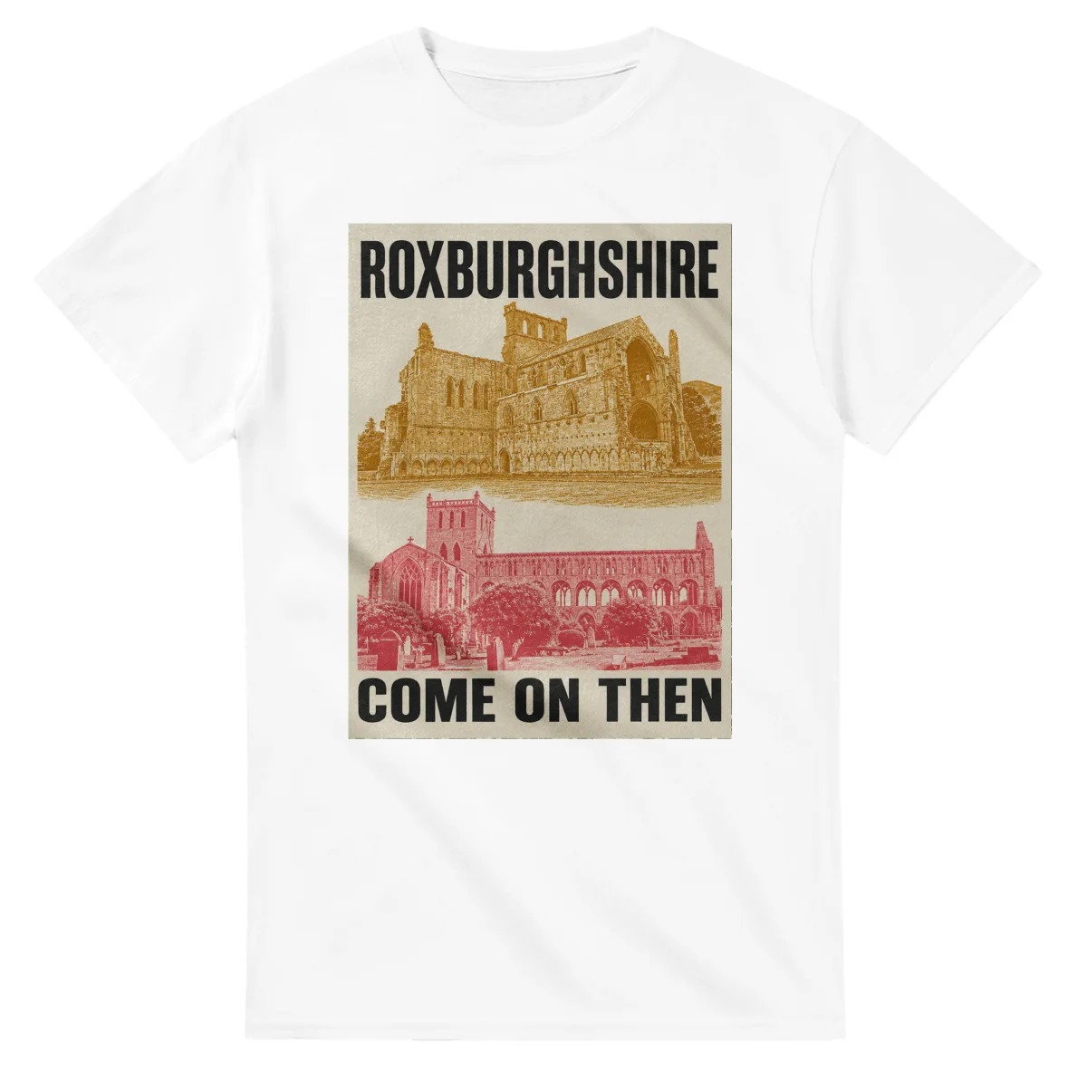 Two-colour scenic illustration for Roxburghshire, with the place name and COME ON THEN lettering.