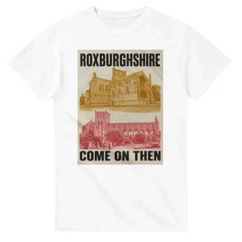 Two-colour scenic illustration for Roxburghshire, with the place name and COME ON THEN lettering.