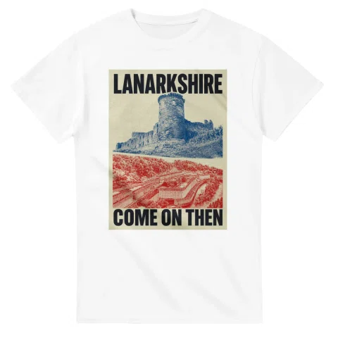 Two-colour scenic illustration for Lanarkshire, with the place name and COME ON THEN lettering.