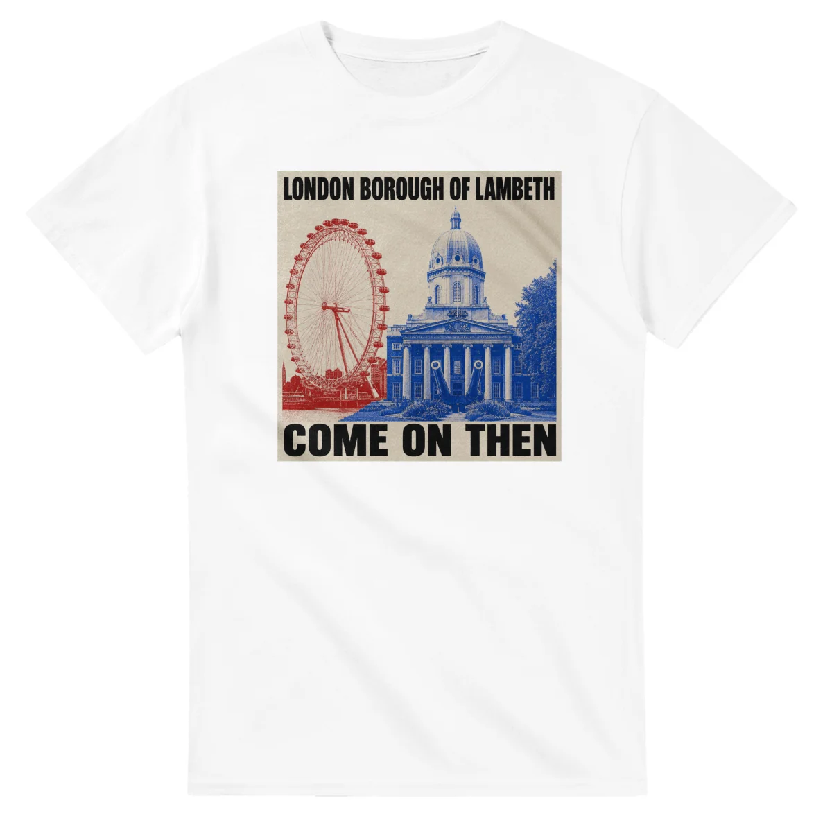 Two-colour scenic illustration for London Borough of Lambeth, with the place name and COME ON THEN lettering.