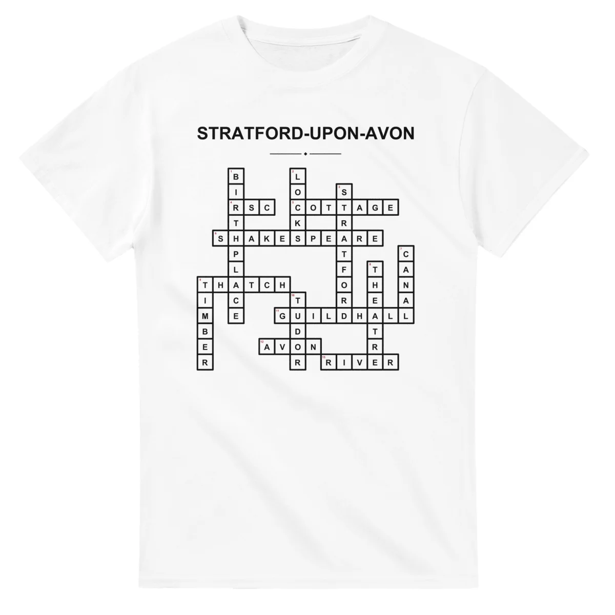 Monochrome crossword sheet for Stratford-upon-Avon, with a large place-name heading, a letter grid, and numbered across and down clues.