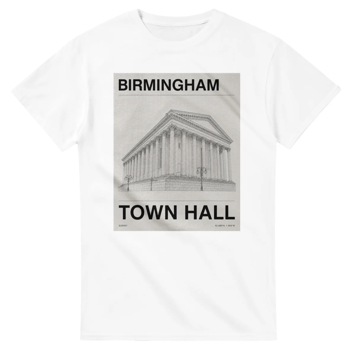 Fine-line engraving-style drawing for Birmingham, with a landmark caption and small coordinate text.