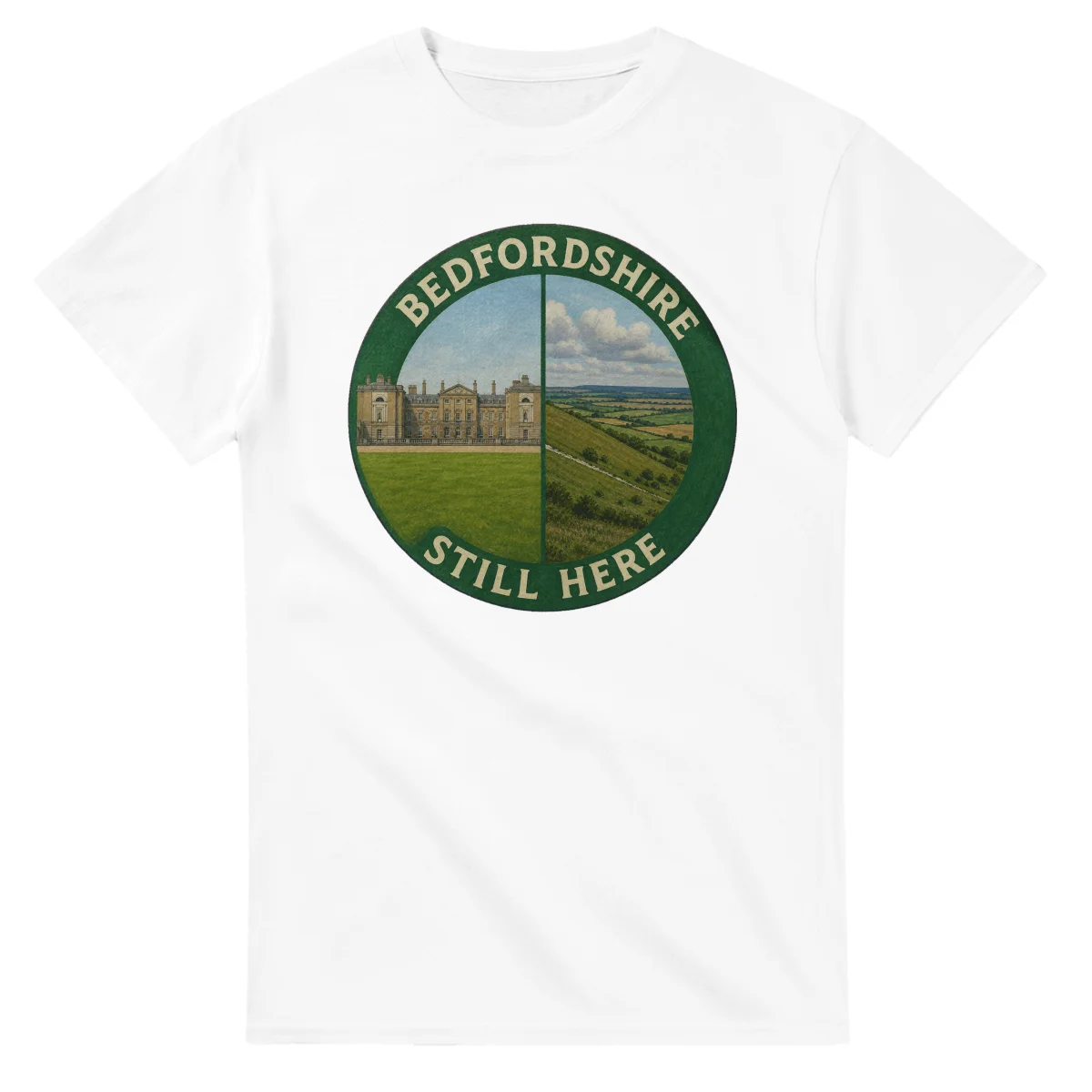 Painted, panelled scenic illustration for Bedfordshire, with paired local scenes and the place name in lettering.