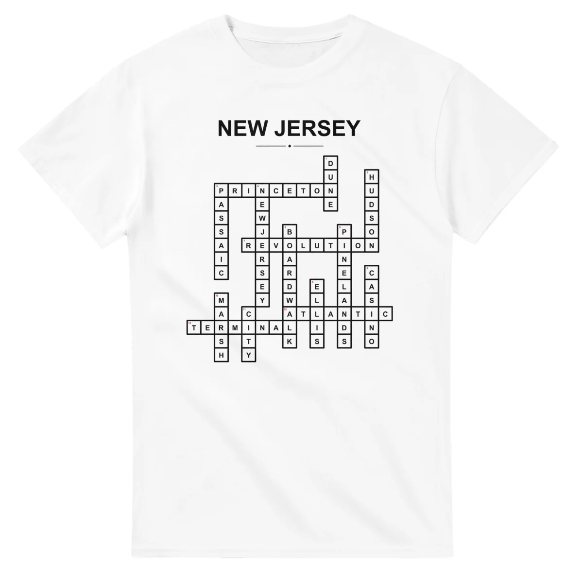 Monochrome crossword sheet for New Jersey, with a large place-name heading, a letter grid, and numbered across and down clues.