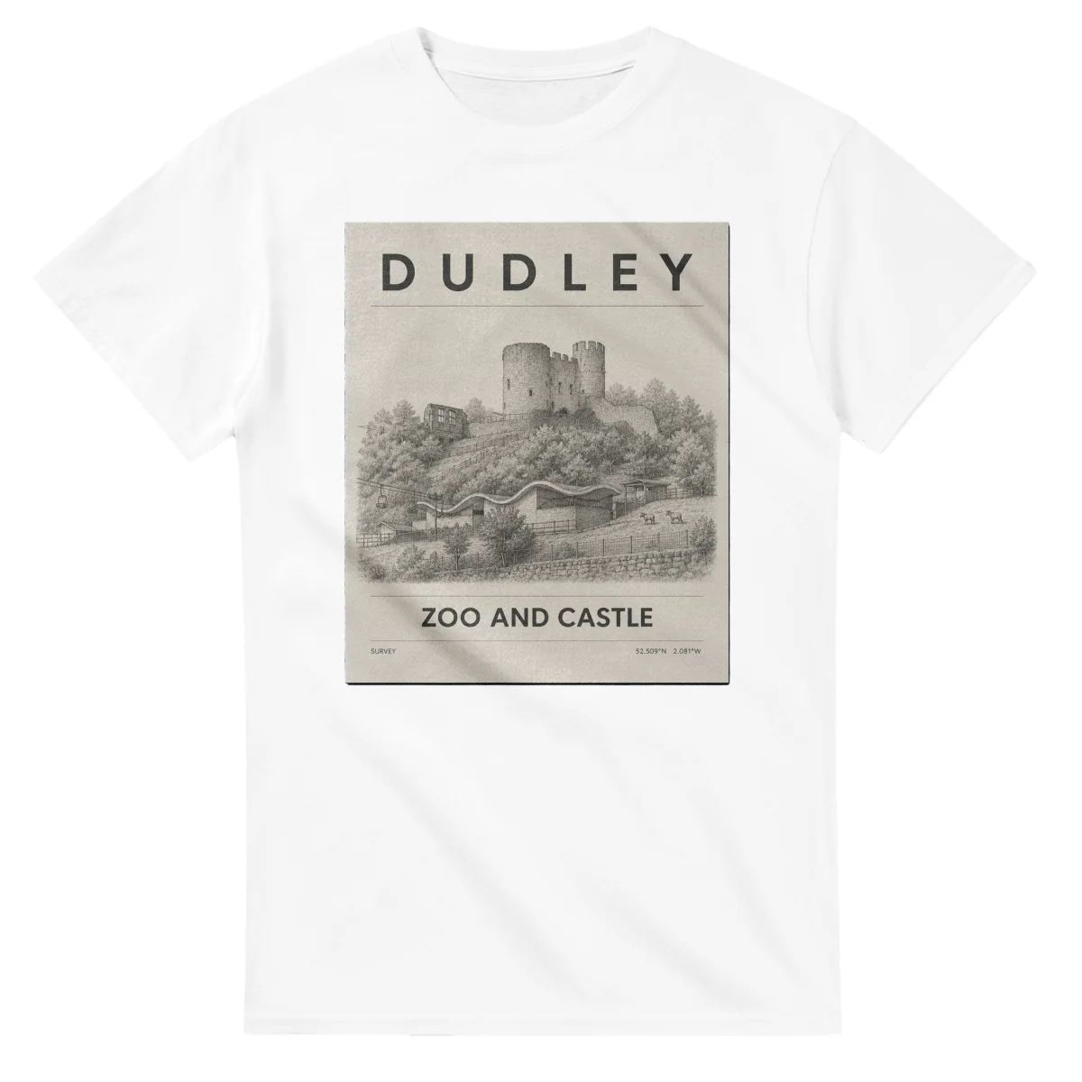 Fine-line engraving-style drawing for Dudley, with a landmark caption and small coordinate text.