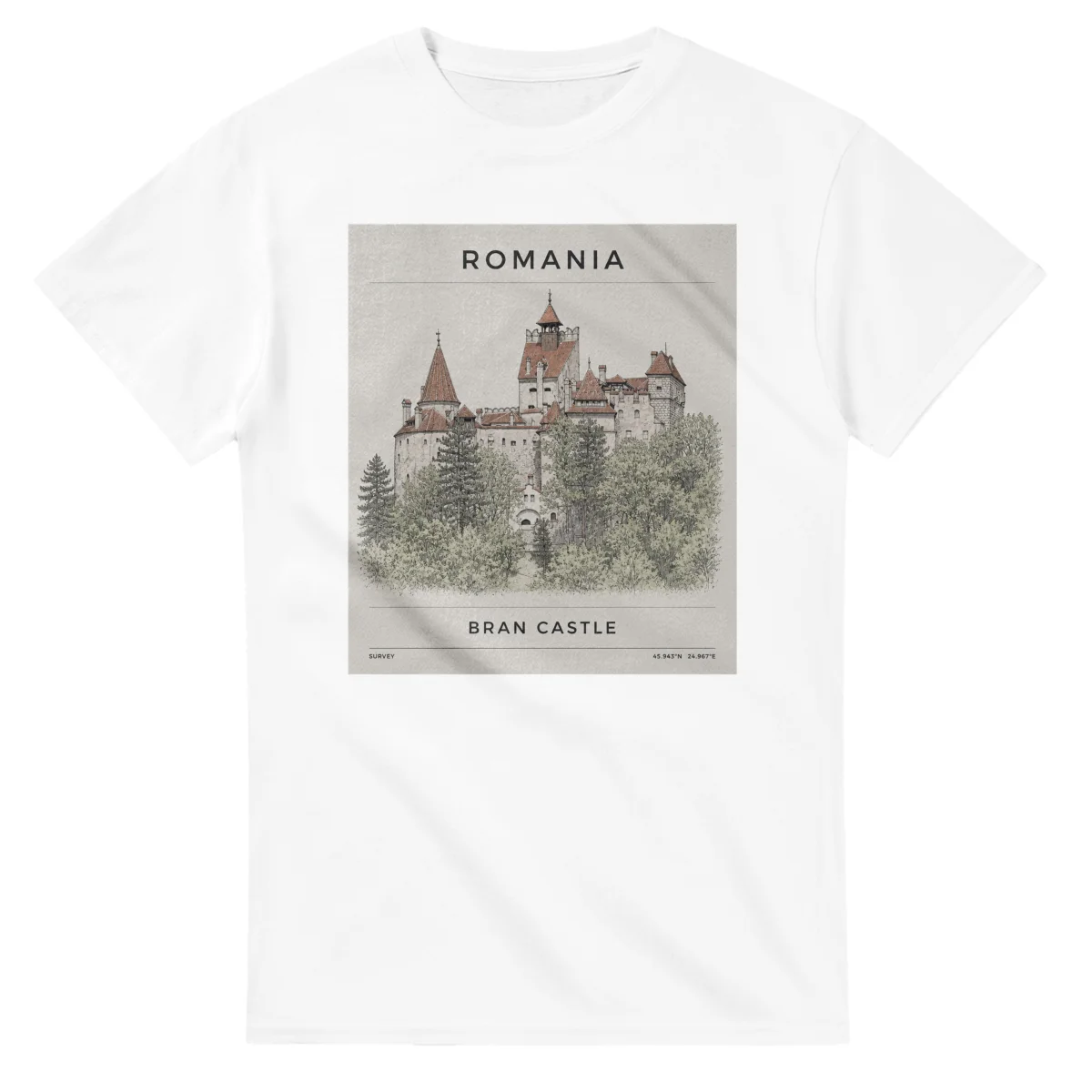 Fine-line engraving-style drawing for Romania, with a landmark caption and small coordinate text.