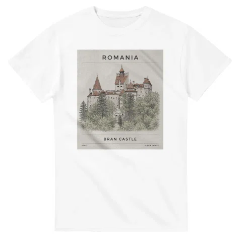 Fine-line engraving-style drawing for Romania, with a landmark caption and small coordinate text.