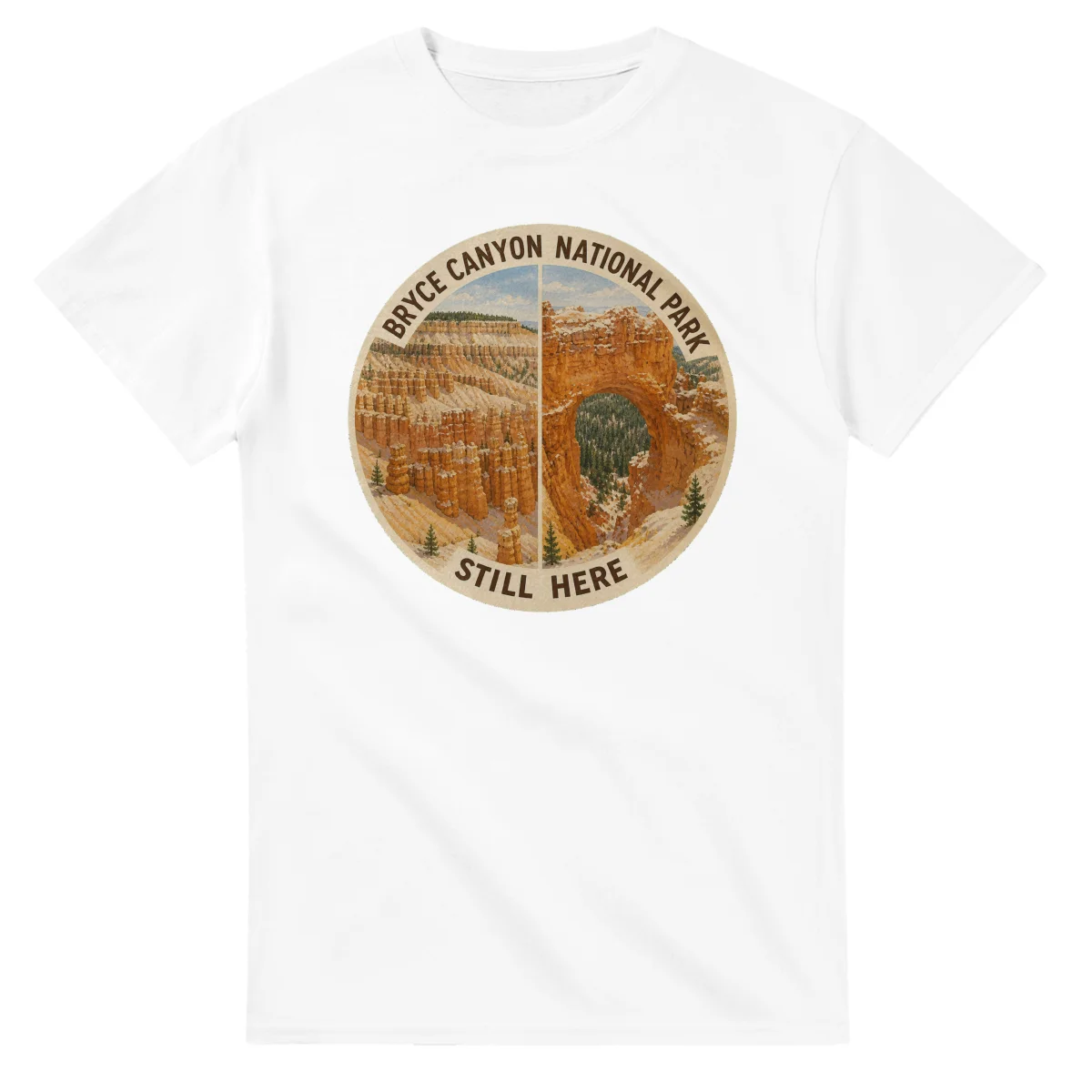 Painted, panelled scenic illustration for Bryce Canyon National Park, with paired local scenes and the place name in lettering.