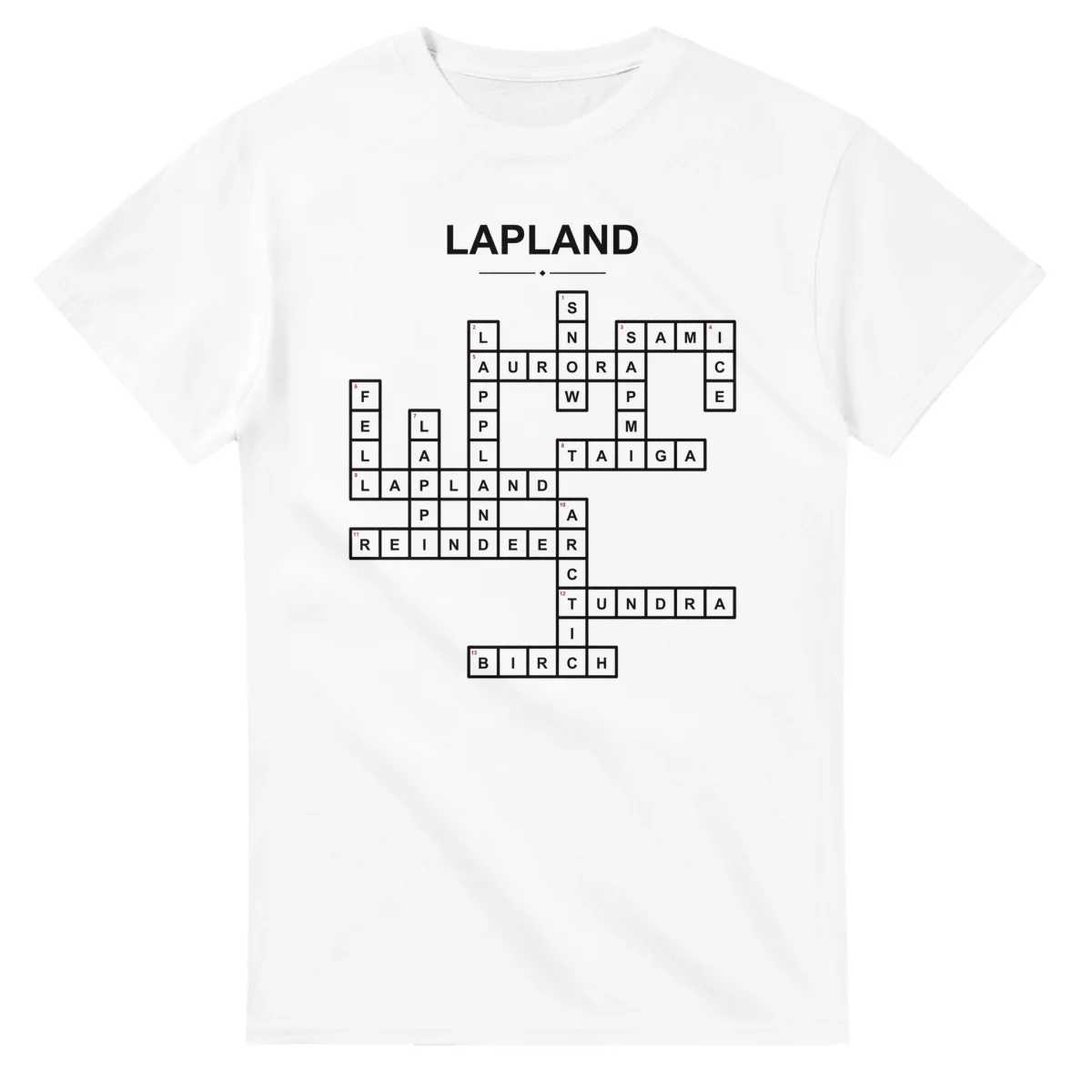 Monochrome crossword sheet for Lapland, with a large place-name heading, a letter grid, and numbered across and down clues.