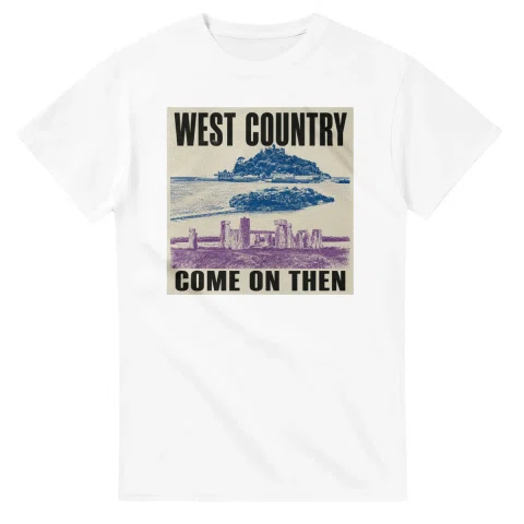 Two-colour scenic illustration for West Country, with the place name and COME ON THEN lettering.