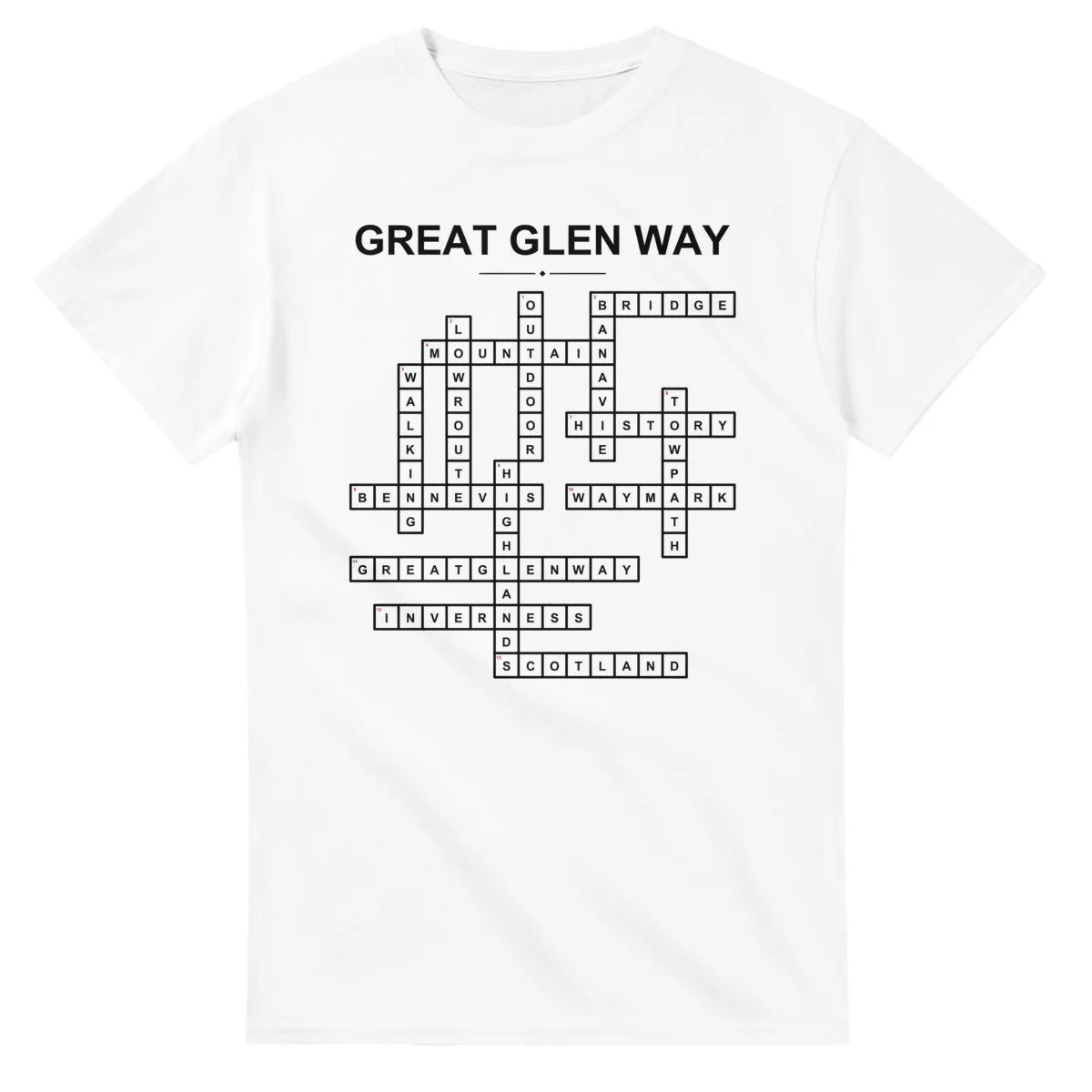 Monochrome crossword sheet for Great Glen Way, with a large place-name heading, a letter grid, and numbered across and down clues.