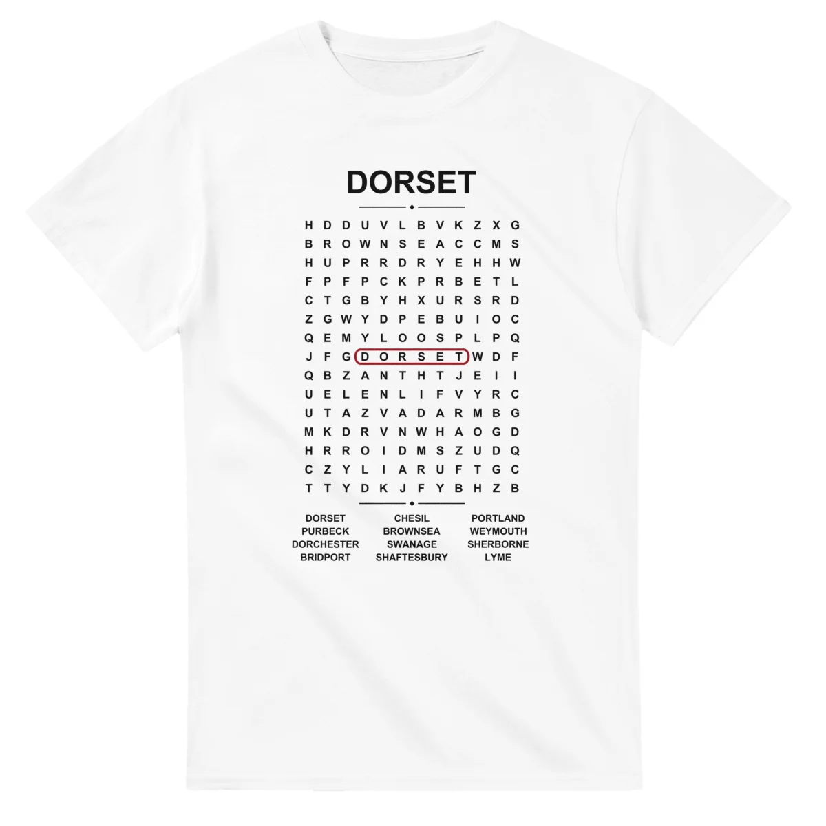 Word-search sheet for Dorset, with a large place-name heading, a letter grid, a local answer list, and a red highlighted example word.