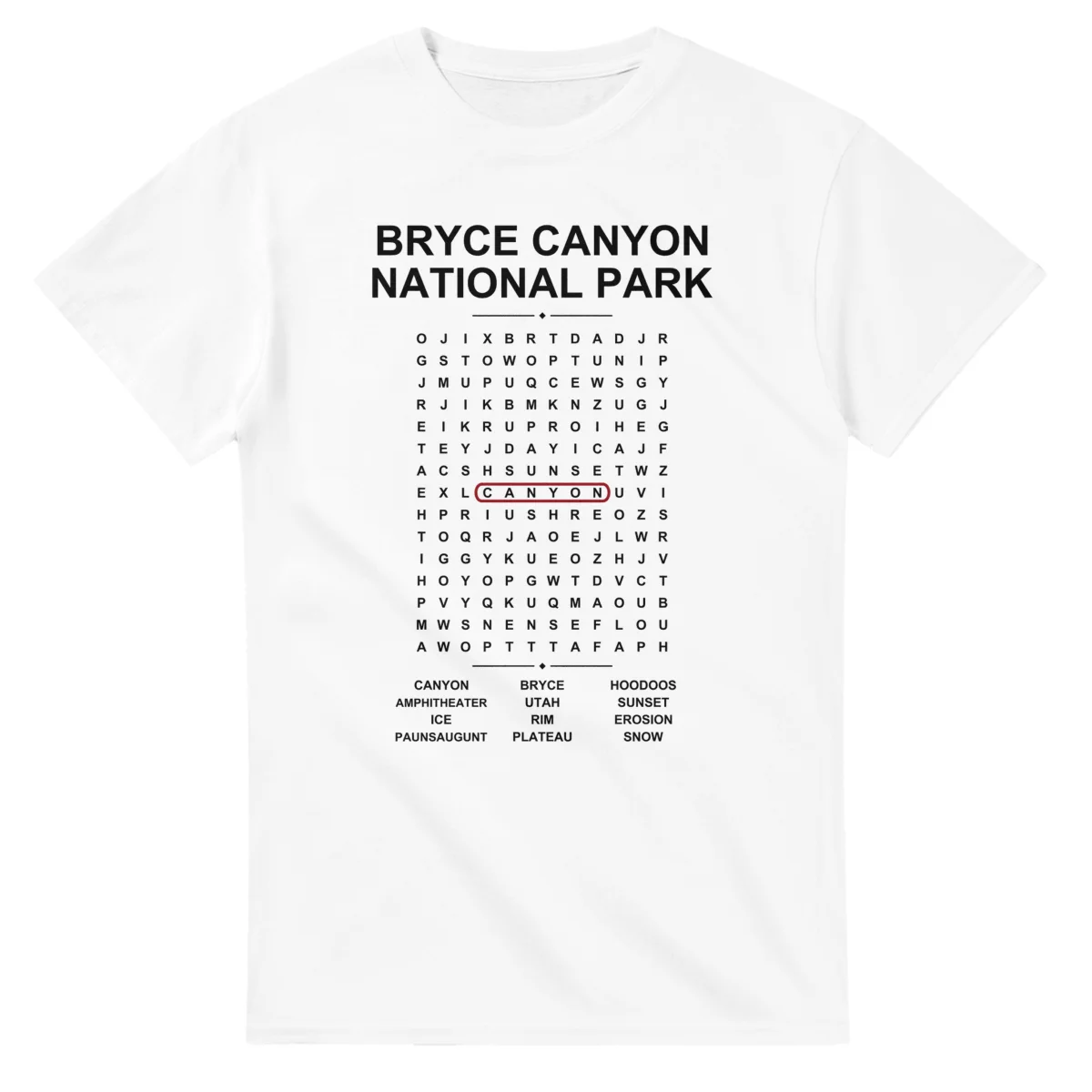 Word-search sheet for Bryce Canyon National Park, with a large place-name heading, a letter grid, a local answer list, and a red highlighted example word.