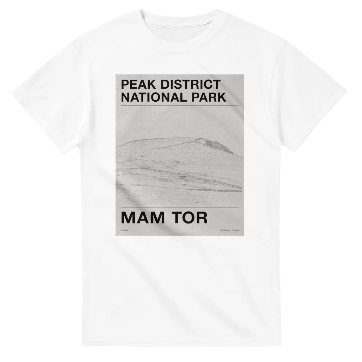 Fine-line engraving-style drawing for Peak District National Park, with a landmark caption and small coordinate text.