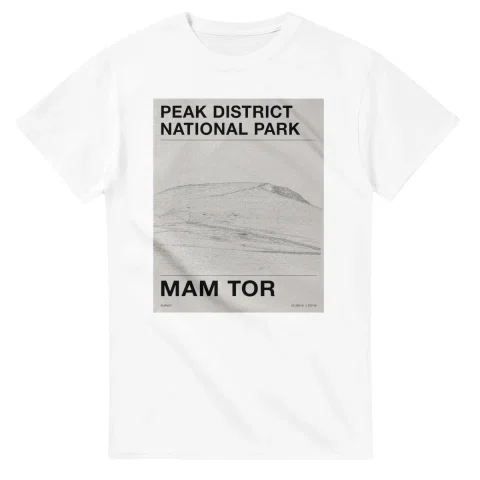 Fine-line engraving-style drawing for Peak District National Park, with a landmark caption and small coordinate text.
