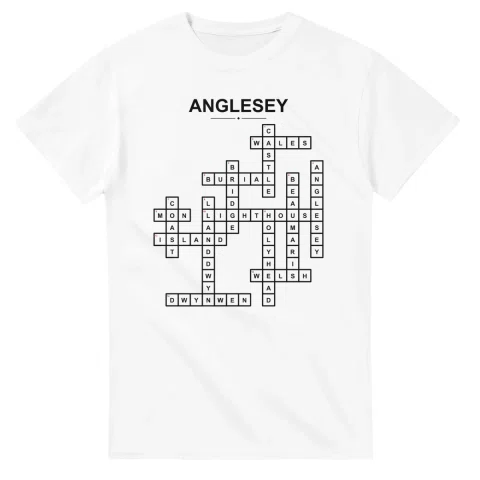 Monochrome crossword sheet for Anglesey, with a large place-name heading, a letter grid, and numbered across and down clues.