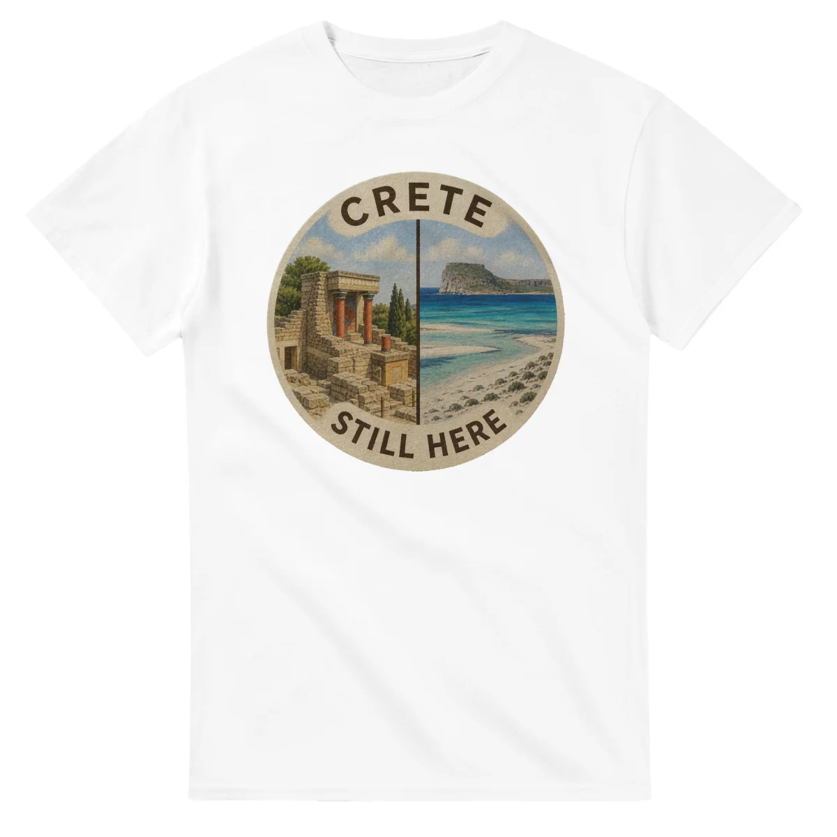 Painted, panelled scenic illustration for Crete, with paired local scenes and the place name in lettering.