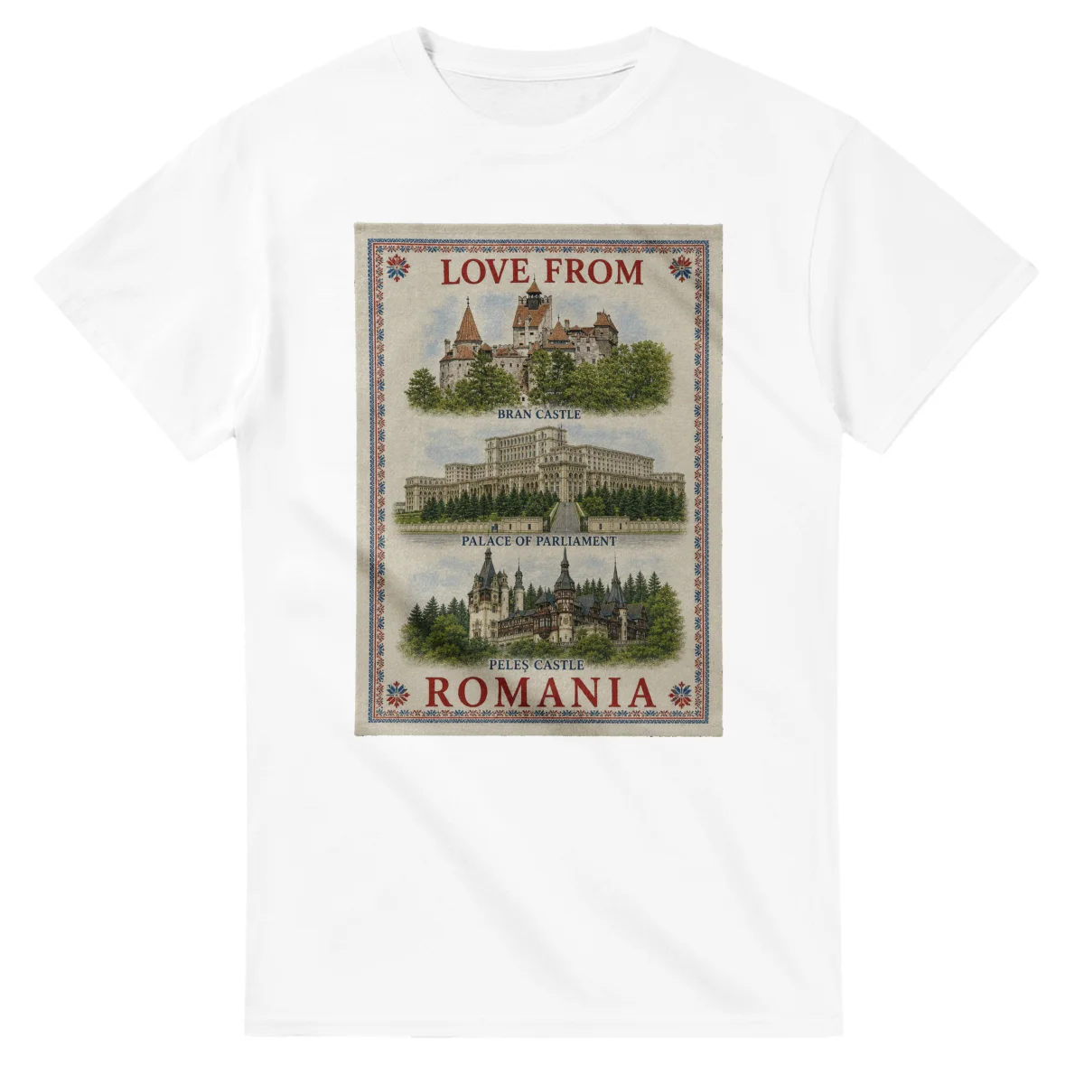 Framed scenic design for Romania, with several local views, a decorative border and LOVE FROM lettering.