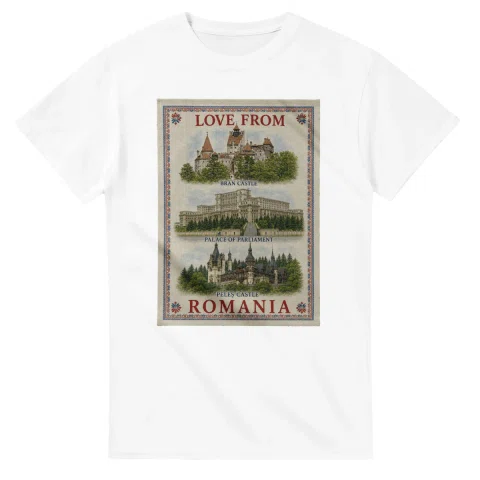 Framed scenic design for Romania, with several local views, a decorative border and LOVE FROM lettering.