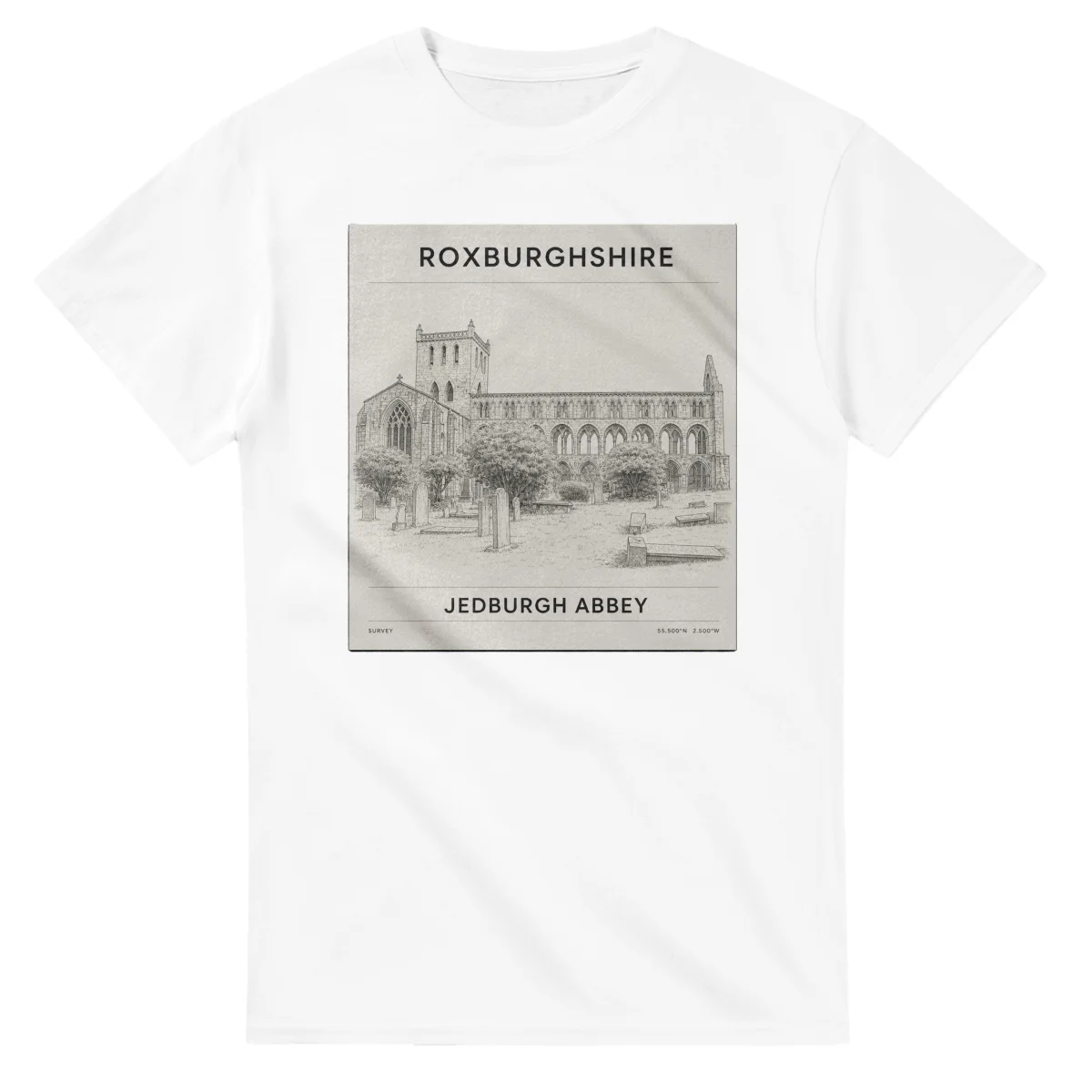 Fine-line engraving-style drawing for Roxburghshire, with a landmark caption and small coordinate text.