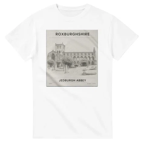 Fine-line engraving-style drawing for Roxburghshire, with a landmark caption and small coordinate text.