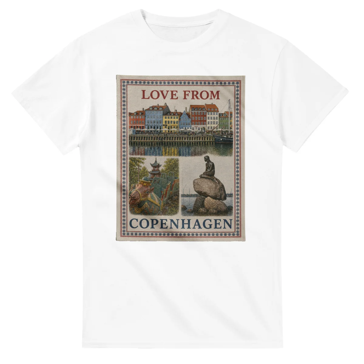 Framed scenic design for Copenhagen, with several local views, a decorative border and LOVE FROM lettering.
