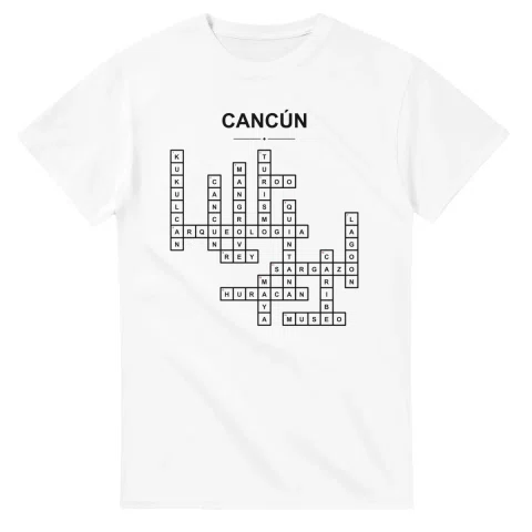 Monochrome crossword sheet for Cancún, with a large place-name heading, a letter grid, and numbered across and down clues.