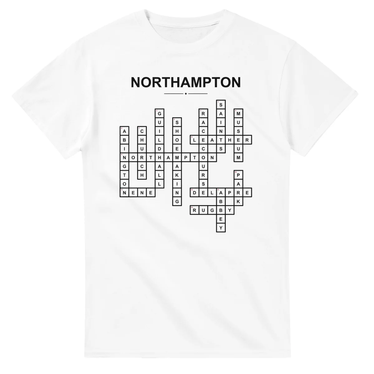 Monochrome crossword sheet for Northampton, with a large place-name heading, a letter grid, and numbered across and down clues.