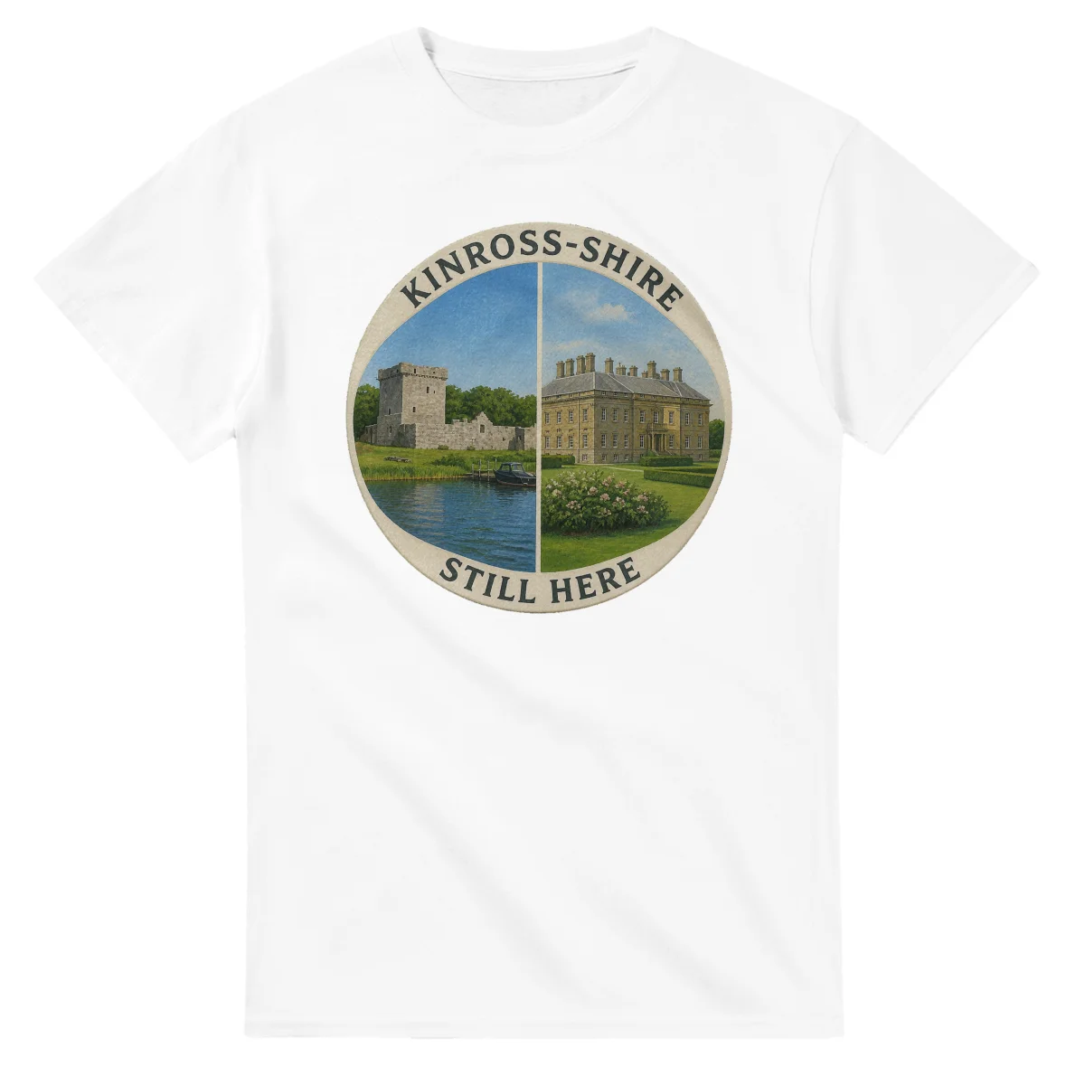 Painted, panelled scenic illustration for Kinross-shire, with paired local scenes and the place name in lettering.