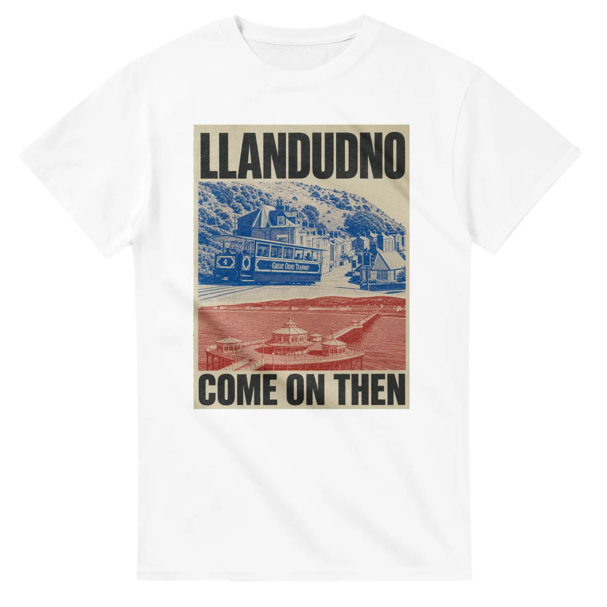 Two-colour scenic illustration for Llandudno, with the place name and COME ON THEN lettering.