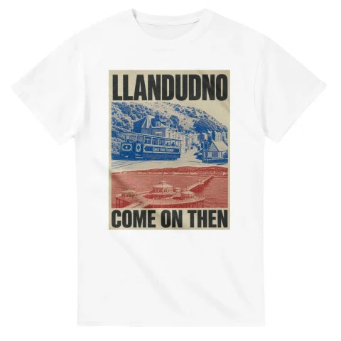 Two-colour scenic illustration for Llandudno, with the place name and COME ON THEN lettering.