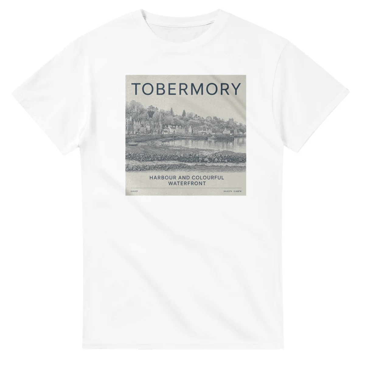 Fine-line engraving-style drawing for Tobermory, with a landmark caption and small coordinate text.